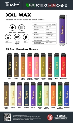 ODM Yuoto 3500 Puffs Vape Bar 16 Hương vị hỗn hợp ROHS 1200mAh Pin 9ml E Juice