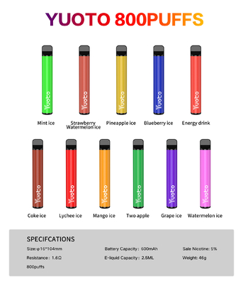 Yuoto 800 Puffs Vape với 11 hương vị Khu vực Origal 2.5 ML Dung tích nước trái cây